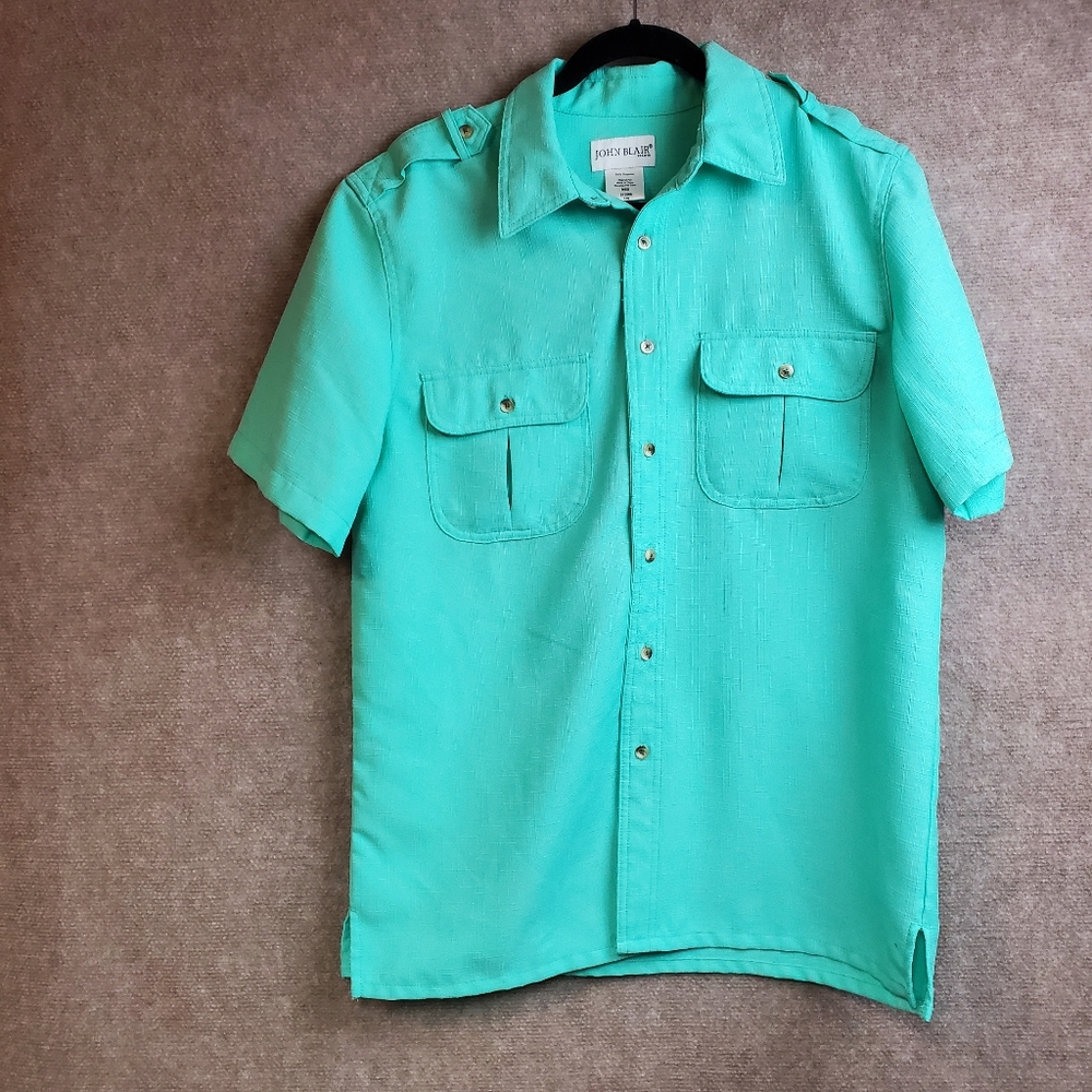 John Blair Mens Button-Up Shirt Green Textured Short Sleeve Flap Pockets Medium.